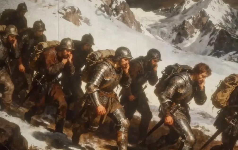 Pintura de soldados de armadura e mochila nas costas subindo uma encosta coberta de neve, encolhidos de frio, com picos rochosos ao fundo