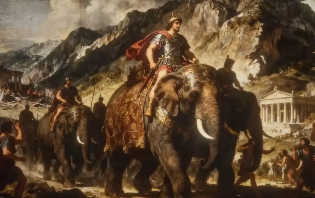 Pintura de Aníbal de coroa e capa vermelha montado num elefante de guerra, à frente de outros elefantes e soldados, entre montanhas e um templo de colunas