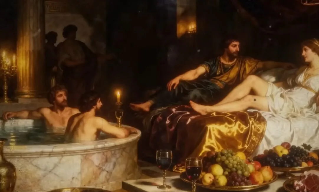 Pintura de um salão à luz de velas: dois homens relaxam numa banheira de mármore enquanto um homem e uma mulher se reclinam num divã, diante de taças de vinho e bandejas de frutas