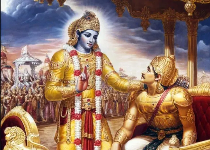 Pintura de Krishna, de pele azul, coroa dourada e colar de flores brancas e vermelhas, de pé com a mão erguida falando com Arjuna, de armadura dourada, sentado numa carruagem, com exércitos e um céu nublado ao fundo