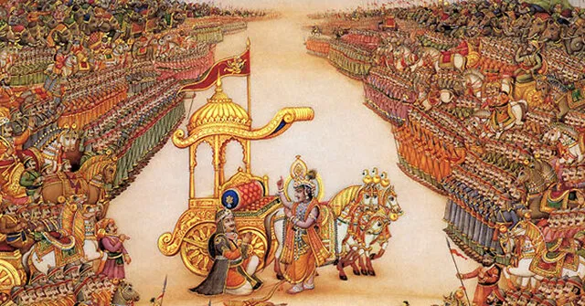 Pintura do campo de batalha de Kurukshetra: dois exércitos enormes, com soldados, cavalos e elefantes, frente a frente dos dois lados, e no meio a carruagem dourada puxada por cavalos brancos, com Krishna de pé falando com Arjuna, ajoelhado de arco na mão