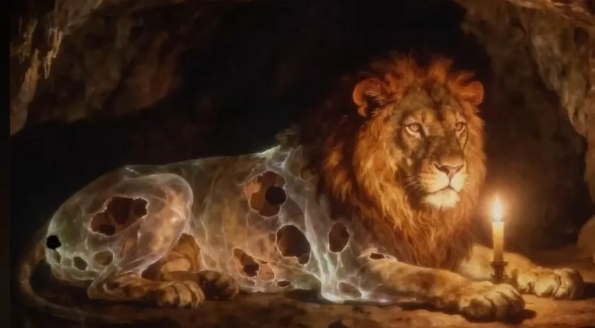 Pintura de um leão de juba ruiva deitado numa caverna escura, ao lado de uma vela acesa: metade do corpo é feita de uma pele translúcida e esburacada, como uma casca vazia